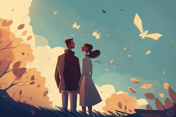 Poster - A Man And A Woman Standing In A Field With Butterflies Flying Overhead Orchard Animation Retirement Planning Generative AI 