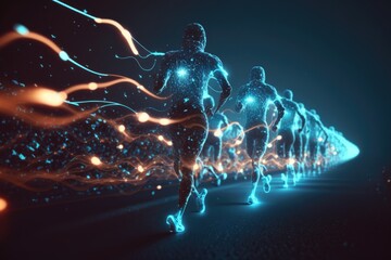 Poster - A Group Of People Running In A Line With Glowing Lights On Them Sports Bar Sports Photography Supply Chain Optimization Generative AI 