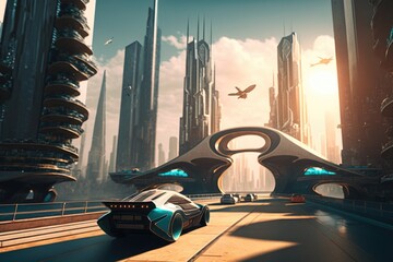 Poster - A Futuristic City With A Futuristic Car In The Foreground And A Bird Flying Over The City Modern City Skyline In The Morning With Sunrise Environmental Art Environment Generative AI 