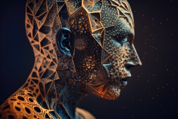 Poster - A Man With A Futuristic Face And Body Made Of Intricate Shapes Workshop Kinetic Art 3d Modeling Generative AI 