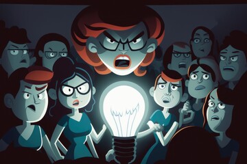 Poster - A Group Of People Standing Around A Light Bulb With A Creepy Face Nightclub Animation Animation Filmmaking Generative AI 