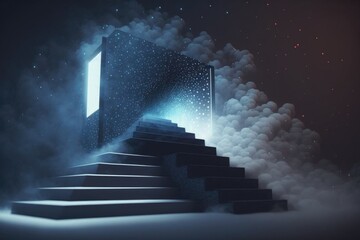 Fototapete - A Stairway Leading To A Door In The Sky With Smoke Coming Out Of It Deep Sea Trench Surrealism Career Coaching Generative AI 