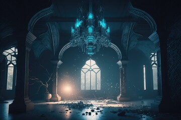 Poster - a dark room with a chandelier and a window in it old european palace gothic environment generative a