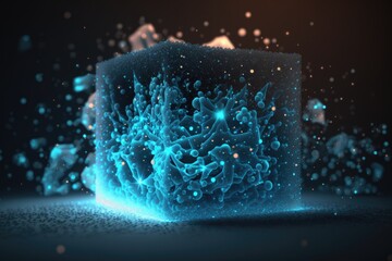 Poster - A Blue Cube With Bubbles Floating Around It On A Black Background Deep Sea Trench Animation Motion Graphics Generative AI 