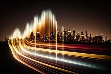 Poster - A City Skyline With A Long Exposure Of Light Streaks In The Foreground Modern City Skyline In The Morning With Sunrise Time-lapse Photography Supply Chain Optimization Generative AI 