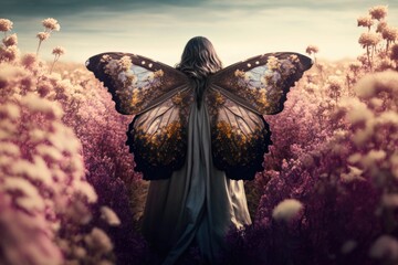 Poster - a woman with a butterfly wings standing in a field of flowers tundra fine art photography fine art p