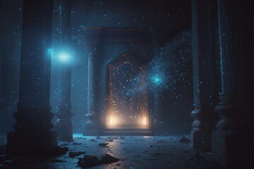 Poster - A Doorway With A Light Shining In It At Night Time With Stars Nightclub Animation Set Design Generative AI 