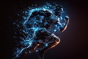 Poster - A Man Running Through A Blue And Orange Light With A Black Background Sports Bar Sports Photography Sports Photography Generative AI 