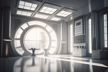 Poster - a room with a large round window and a table with a vase conference room photorealism set design