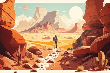 Aufkleber - A Man Walking Through A Desert Landscape With Mountains In The Background Desert Environmental Art National Parks Generative AI 