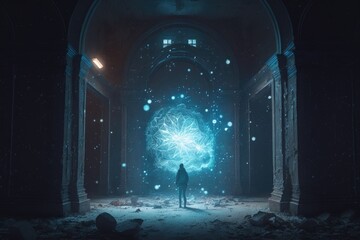 Aufkleber - A Man Standing In A Dark Room With A Blue Light In The Middle Art Museum Video Art Motion Graphics