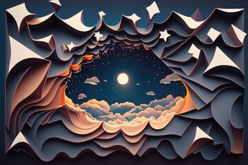 Fototapete - A Paper Cut Of A Mountain With A Full Moon In The Sky Lunar Landscape Paper Cutting Newspaper Design Generative AI 