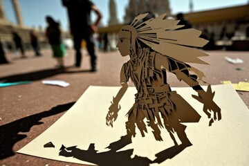 Poster - A Paper Cut Of A Native American Indian Walking On A Sidewalk Construction Site Paper Cutting Metal Art