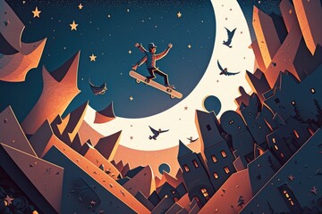 Poster - a man riding a skateboard over a city under a moon skateboarding park night photography digital illu