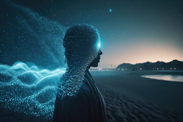 Aufkleber - A Man Standing On A Beach With A Blue Light In His Head Workshop Panoramic Photography Natural Language Processing Generative AI 