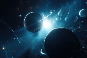 Poster - a space scene with planets and stars in the background and a bright light shining through the space 