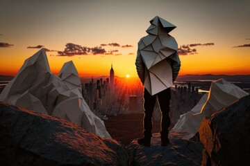 Aufkleber - A Man Standing On Top Of A Mountain With A Paper Sculpture Modern City Skyline In The Morning With Sunrise Environmental Art Digital Photography Generative AI 