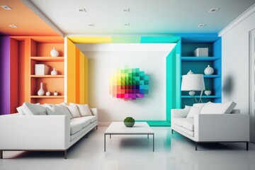 Poster - A Room With A White Couch And A White Table And A Colorful Wall Living Room Color Field Painting Home Automation Generative AI 