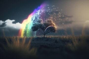 Poster - a rainbow in the sky with a tree and a rainbow in the background forest color field painting motion 