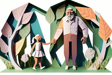 Poster - A Paper Cut Of A Man And A Woman Holding Hands In Front Of A Tree Monument Paper Cutting Environment Generative AI 