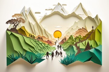 Poster - A Paper Cut Of People Walking Down A Road With Mountains In The Background African Safari Landscape Paper Cutting Print Design Generative AI 
