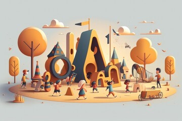Poster - A Group Of People Walking Around A Playground With A Slide And Play Structure Amusement Park Animation Motion Graphics Generative AI 