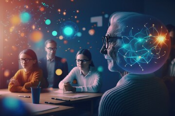 Poster - A Group Of People Sitting At A Table With A Glowing Brain Workshop Advertising Photography Employee Training And Development Generative AI 