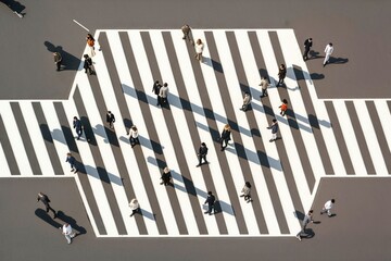 Poster - A Group Of People Walking Across A Cross Walk In The Middle Of A Street Urban Street Op Art Urban Planning Generative AI 