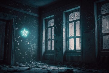 Poster - A Room With Broken Windows And A Star Hanging From The Ceiling Abandoned Building Constructivism Motion Graphics Generative AI 