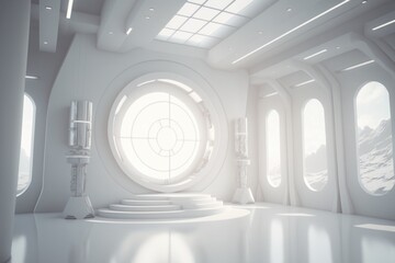 Poster - A Futuristic White Room With A Circular Window And A Staircase Leading To A Second Floor Abandoned Warehouse Interior Photorealism Set Design Generative AI 
