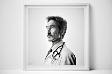 Poster - A Black And White Photo Of A Man With A Stethoscope Hospital Photorealism Medical Photography Generative AI 