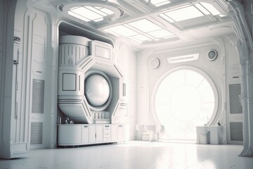 Poster - A Futuristic Looking Room With A Large Window And A Large Door Living Room Photorealism Set Design Generative AI 