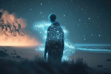 Fototapete - A Man Standing In The Grass Looking At The Stars In The Sky Tundra Video Art Energy Healing Generative AI 