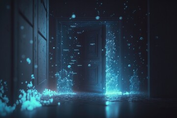 Fototapete - A Doorway With A Light Shining Through It And Bubbles Coming Out Of It Deep Sea Trench Animation Motion Graphics Generative AI 