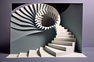 Poster - A Spiral Staircase Made Of Paper On A Gray Background With A Black Background Science Museum Op Art Set Design Generative AI 