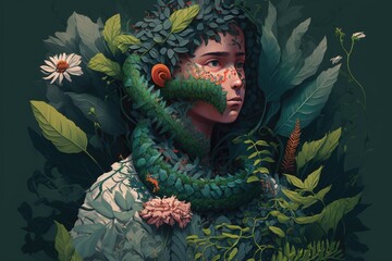 Poster - a woman with a green scarf around her neck and a flower in her mouth forest environmental art botany