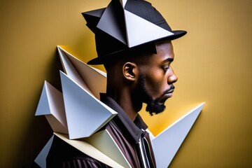 Poster - A Man With A Hat And A Suit And Tie On With Paper Shapes On His Head Arcade Portrait Photography Portrait Photography Generative AI 