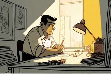 Poster - A Man Sitting At A Desk In Front Of A Lamp And A Computer Law Office Animation Animation Filmmaking