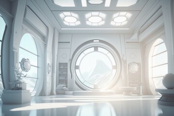 Poster - A Futuristic Looking Room With A Large Window And A View Of The Mountains Tundra Animation Environment