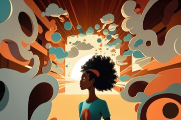 Poster - a woman standing in a tunnel with clouds and sun in the background library animation cloud computing