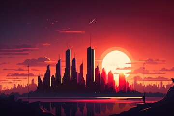 Poster - A City Skyline With A Sunset In The Background And A Person Standing On A Rock Modern City Skyline In The Evening With Sunset Digital Art Cities Generative AI 