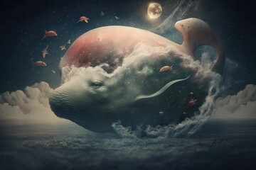 Poster - A Painting Of A Whale Floating In The Ocean With A Moon And Stars In The Sky Deep Sea Trench Surrealism Fine Art Photography Generative AI 