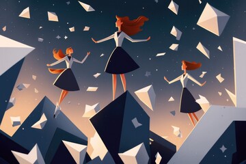 Fototapete - A Group Of Women Standing On Top Of A Mountain Under A Sky Filled With Stars Iceberg Animation Influencer Marketing Generative AI 