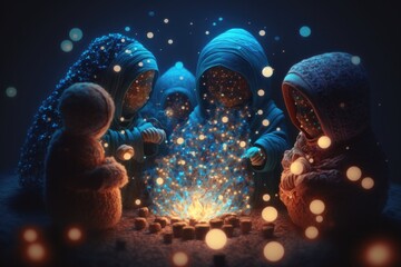 Poster - Three Children Are Sitting Around A Fire With Glowing Lights In The Background Tundra Animation Animation Generative AI 