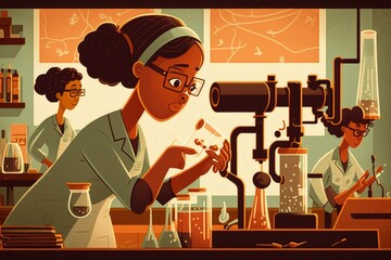 Poster - A Woman In A Lab With A Microscope And A Microscope In Her Hand Science Museum Digital Art Science Education Generative AI 