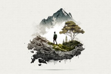 Aufkleber - A Man Standing On Top Of A Mountain With A Tree On Top Of It Rustic Mountain Trail Environmental Art Adventure Travel Generative AI 