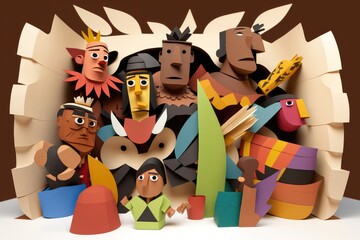 Poster - A Group Of Paper Cut Out Of Different People And Animals With A Brown Background Monument Paper Cutting Art Modeling Generative AI 
