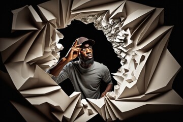 Poster - A Man Is Looking Through A Hole In Paper Art Work With A Hat On Workshop Advertising Photography Commercial Photography Generative AI 