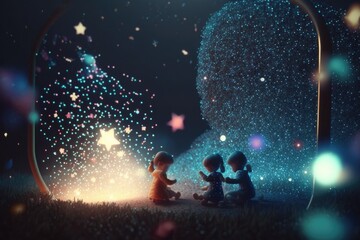 Poster - Two Children Sitting On The Ground In Front Of A Star Filled Sky Park Night Photography Childhood Generative AI 