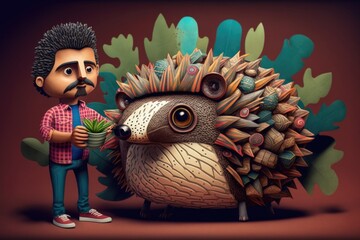 Poster - A Man Standing Next To A Hedgehog With A Plant In His Hand Bank Photorealism Wildlife Conservation Generative AI 